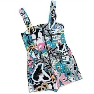 Vintage Retro Graffiti Neon Overalls Shorts Romper, Like an Angel, EUC, M